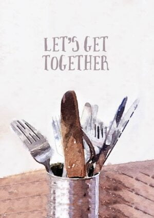 Lunch illustrated with cutlery in a can on a wooden table with text 'Let's Get Together'